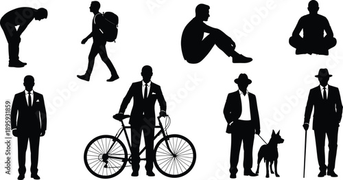 People silhouette set isolated on white background walking sitting standing businessman traveler lifestyle human illustration collection