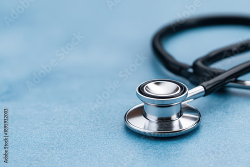 Stethoscope medical instrument healthcare diagnosis close up blue background metal black tubing sound device examination doctor tool clinical professional medicine health equipment auscultation