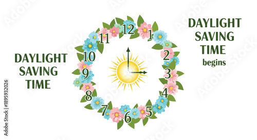 Illustration of a sun and floral clock marking the beginning of Daylight Saving Time in spring.