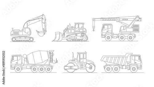 Construction Equipment Lineup: A detailed outline of construction vehicles stands in a row, each poised for the task ahead, representing the backbone of modern construction and progress.
