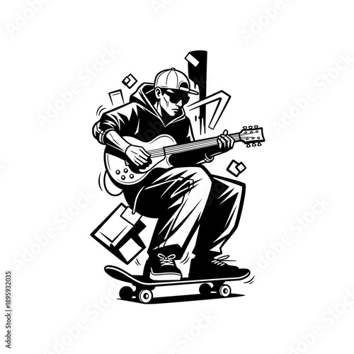 Skateboarder playing guitar in a dynamic black and white illustration.