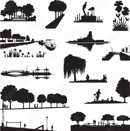 black silhouettes of people and nature scenes  parks and waterways