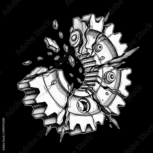 Broken gear mechanism shattering into pieces, illustrating mechanical failure and disruption.