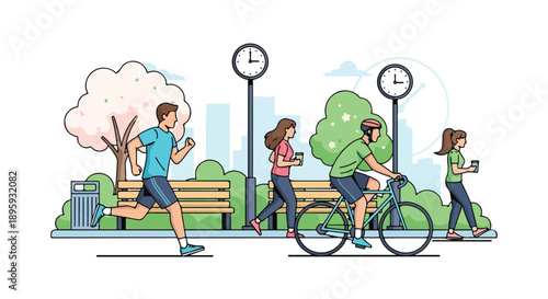 Illustration of people engaging in various activities on a city street as Daylight Saving Time begins in spring.