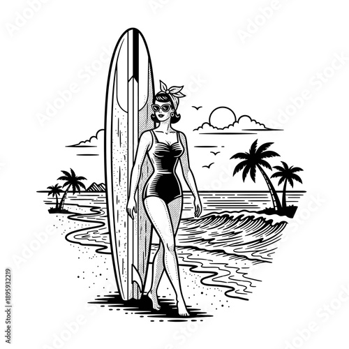 Vintage Pinup Girl with Surfboard on Beach.