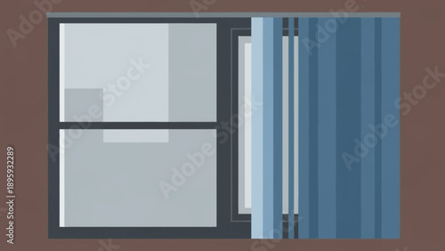 A minimalist representation of a window with blue curtains, evoking a sense of calm and reflection, perfect for illustrating concepts related to psychology and introspection