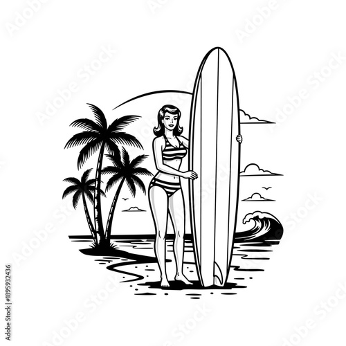 Retro Surfer Girl Posing with Surfboard on Beach.