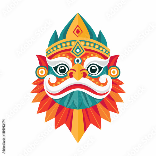 Vibrant and intricate Indian mythological mask, representing a divine or demonic deity, inspired by traditional folk art and culture