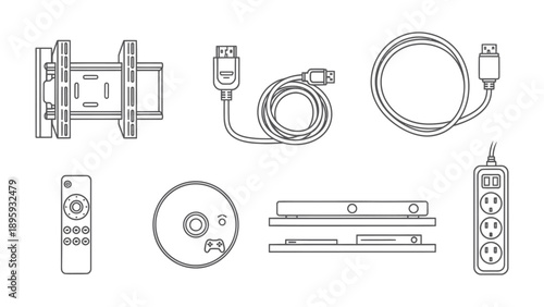 Essential Electronic Components: An array of indispensable electronics components is showcased, including connectors, cables, a remote, and a power strip. A visual guide for tech enthusiasts.