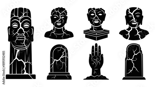 Collection of broken ancient statues and gravestones in black silhouette.