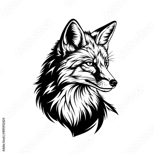 Detailed Black and White Illustration of a Fox Head.
