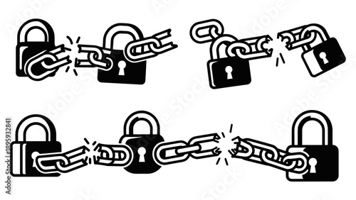 Broken Chain and Lock Icons Set.