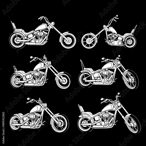 Collection of classic chopper motorcycles in various styles.