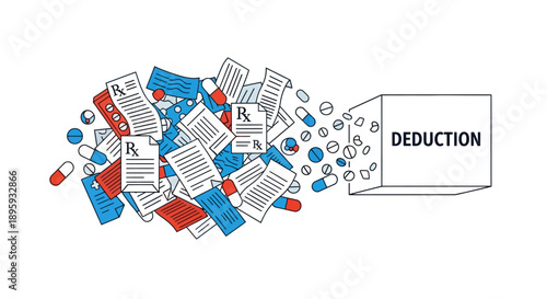 Healthcare Tax Deduction Concept: RX Bills, Medication, and Documents Flowing into Deduction Box.