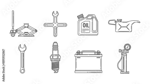 Car Repair Essentials: An array of essential tools for automobile maintenance, meticulously illustrated in a clean, minimal style, perfect for any mechanic, garage or auto shop.