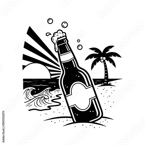 Refreshing Beer Bottle on a Tropical Beach at Sunset.