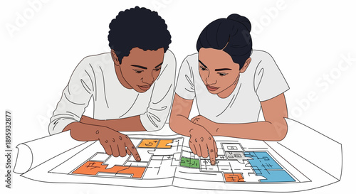 Diverse Young Professionals Reviewing Architectural Blueprint Floor Plan. Teamwork and Design Planning Illustration on White.