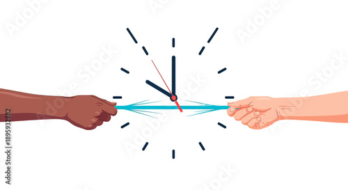 Time Conflict and Management Concept. Diverse hands pulling and stretching a deadline line across a clock face. Deadline stress illustration.