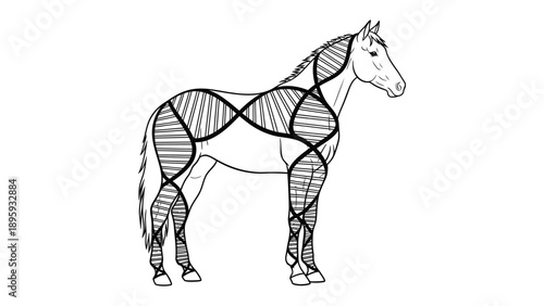 Equine Anatomy Illustration: A detailed illustration showcasing the intricate musculature of a majestic horse, highlighting the powerful forces that drive its movements. 