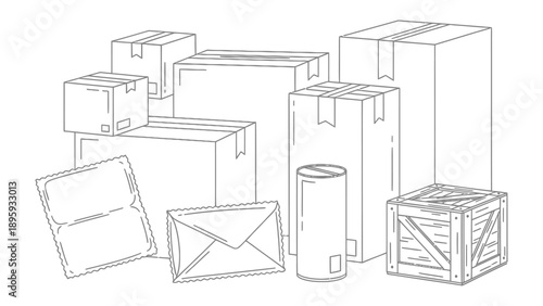 Assortment of Packaging: An array of various sized cardboard boxes, envelopes, and a wooden crate in monochrome, highlighting the concept of packing, storage and delivery.