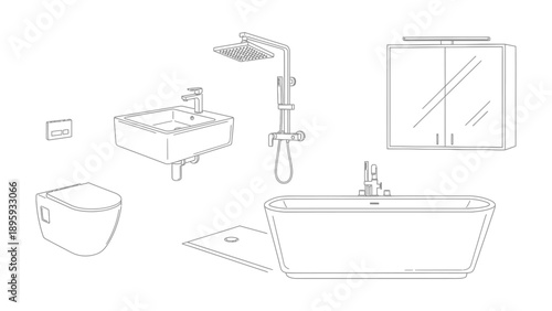 Modern Bathroom Illustration: Detailed outline of a contemporary bathroom, showcasing fixtures like a sleek bathtub, sink, toilet, and shower, perfect for architectural visualization.