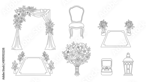 Wedding Elements Illustration: An elegant collection of wedding elements, from a ceremonial arch to floral arrangements and a ring box.