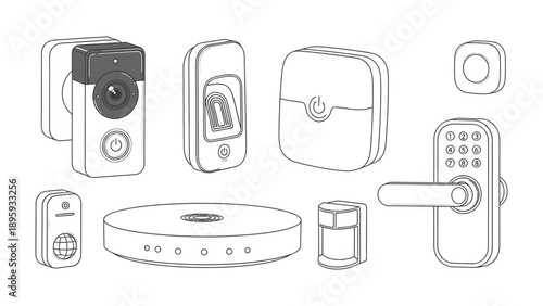 Smart Home Devices Illustration: A collection of various smart home devices, showcasing the latest innovations in home automation and security, including a doorbell camera, fingerprint sensor.