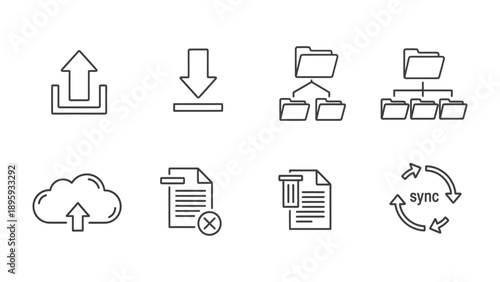Digital Workflow Icons: A set of clean, minimalist icons symbolizing cloud storage, file organization, uploading, downloading, and synchronization for modern digital workflow.