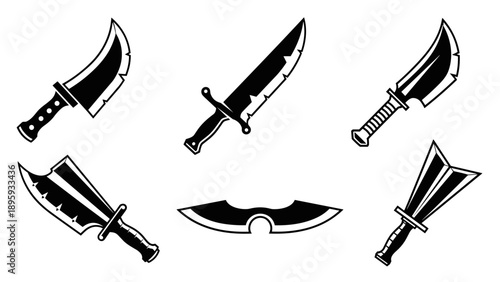 Collection of various sharp knives and daggers in black and white.