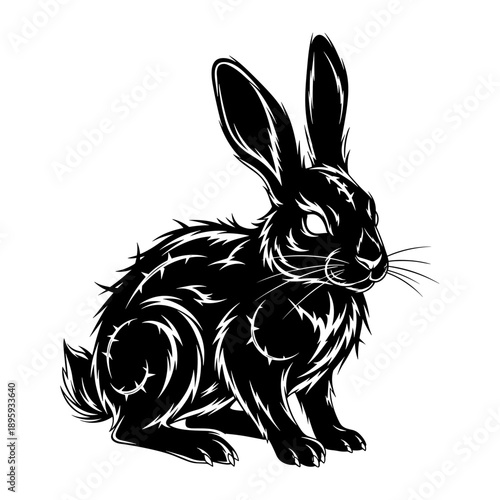 Mysterious Black Rabbit with Tribal Markings Sitting Calmly.