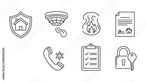Home Safety Elements: A collection of minimalist, clean line icons related to home security and protection, representing essential elements of safeguarding property and life. 