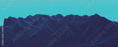 Abstract 3D wireframe terrain landscape with digital mesh grid, mountain surface background for technology projects, big data visualization, topography and futuristic scientific concepts