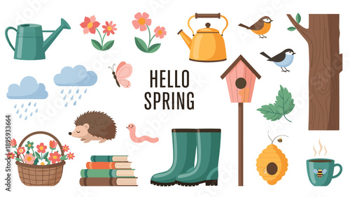 Hello spring themed collection of colorful icons including flowers, gardening tools, animals, and seasonal items on a clean white background.