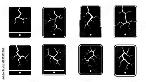 Collection of broken smartphone screens with cracked glass, illustrating damage and repair needs.