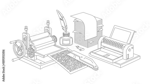 Vintage Printing Press and Office Supplies: An illustration of a vintage printing press alongside associated office tools.