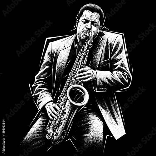 Man playing saxophone in a suit.