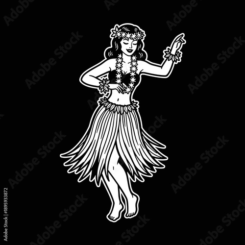 Traditional Hawaiian Hula Dancer in Skirt and Lei.