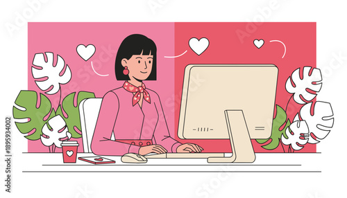 Woman working on a computer surrounded by plants and hearts representing online dating or social media engagement