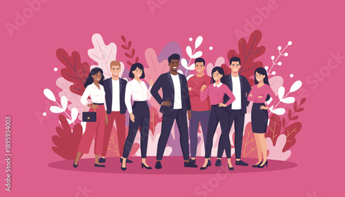 Diverse young business team smiling confidently against a vibrant pink background Collaboration concept
