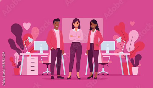 Professional diverse business team standing confidently in a modern pink office workspace