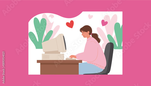 Happy woman using a vintage computer connecting online or sending messages of love Flat vector design
