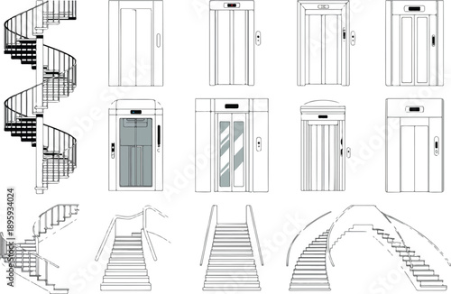 Vertical Transportation Outline Icon Set  Stairs, Escalators, and Elevators for Architecture Plans