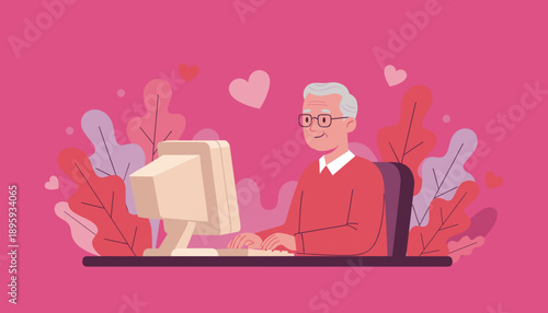 Elderly man happily uses a computer for online connection framed by hearts and foliage