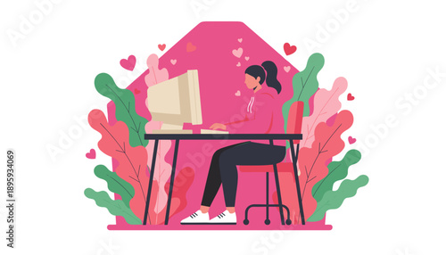 Woman teleworking on a desktop computer in a vibrant creative home office environment surrounded by plants and hearts