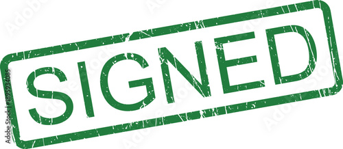 This visual displays a green rubber stamp mark showcasing the word SIGNED with a textured, distressed effect