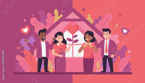 Diverse people cultivating love and community in a house structure Relationships and caring concept