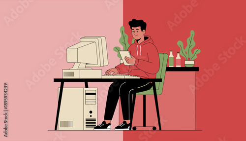 Young person using retro desktop PC and tablet simultaneously for work or study from home