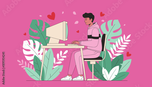 Young man in a pink tracksuit typing on a retro computer surrounded by tropical leaves and hearts