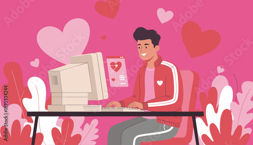 Young man dating online with retro computer surrounded by pink hearts Romance and technology concept
