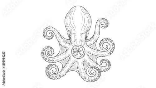 Octopus Artistic Sketch: An intricate artistic sketch showcases an elegant octopus. The sketch highlights the unique form of the sea creature, bringing out its tentacles and graceful shape.